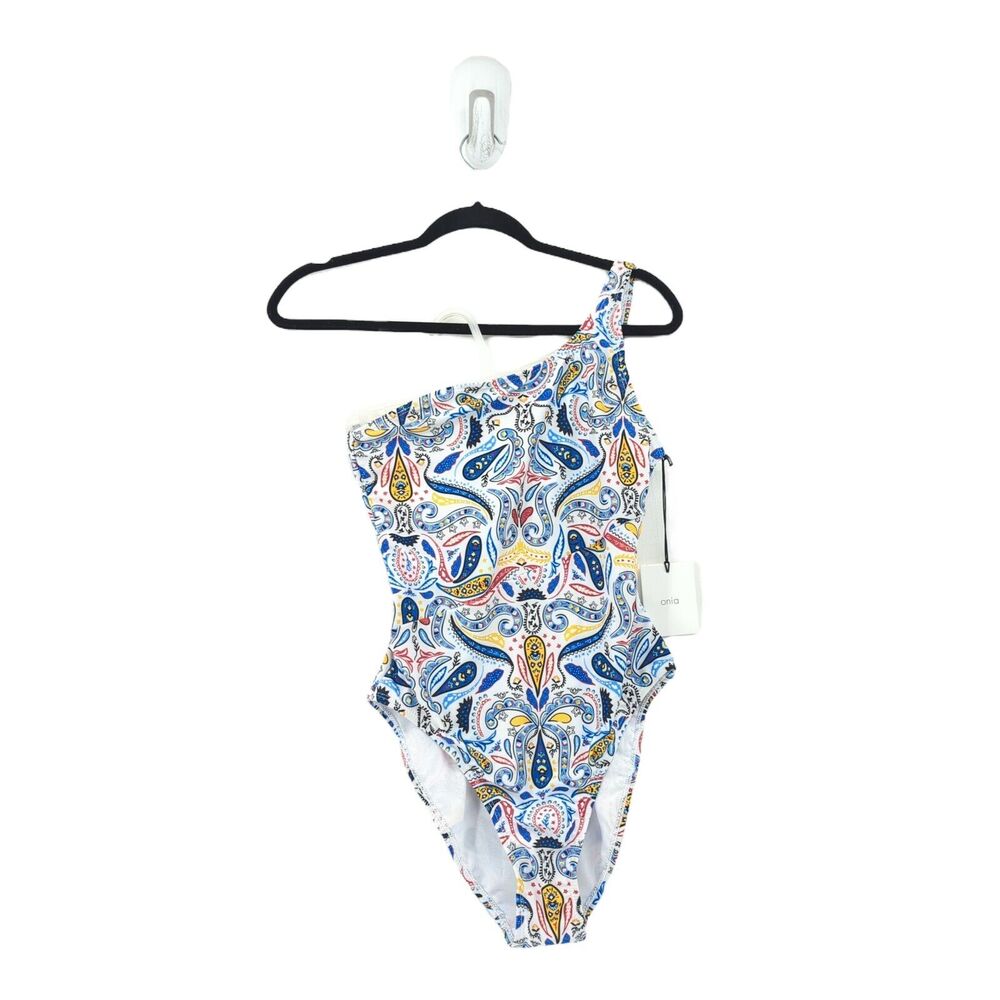 ONIA Women M Sienna Swimsuit White Paisley One Shoulder One Piece Cutout NEW
